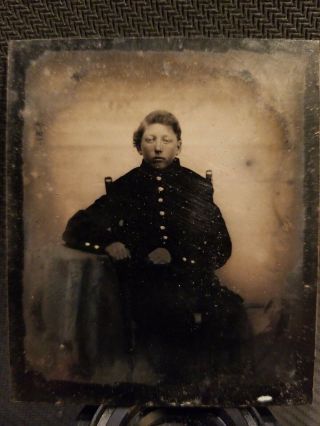 Young Boy In Military Uniform,  Vintage Sixth Plate Tintype.