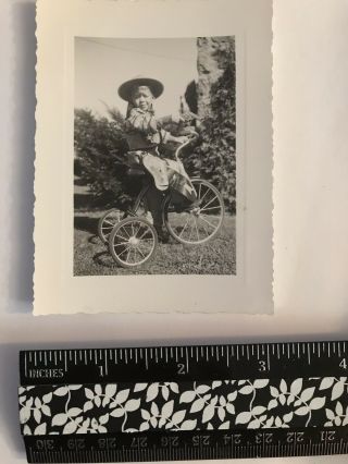 Vintage snapshot photo Little Boy Dress Up Cowboy Riding Tricycle 40s D3 2