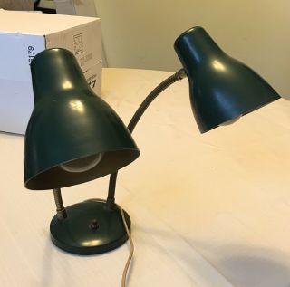 Mid Century Modern Metal Green Double Gooseneck Lamp Desk Or Wall