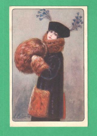 1920 Colombo Art Postcard Lady Fur - Trimmed Coat Muff Floral - Hat