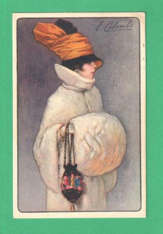 1920 Colombo Art Postcard Fashionable Lady Muff Purse Hat