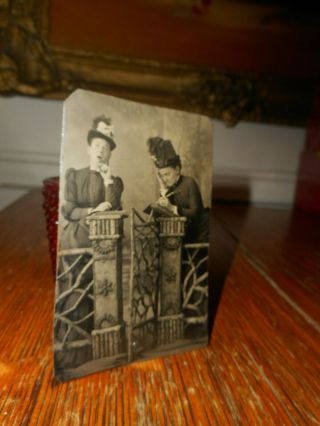 Antique Tintype Photo,  2 Women,  Comical Pose,  1 Mouth Open Thinking,  1 Writing
