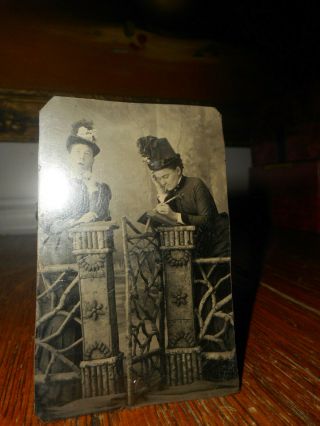 ANTIQUE TINTYPE PHOTO,  2 WOMEN,  COMICAL POSE,  1 MOUTH OPEN THINKING,  1 WRITING 2