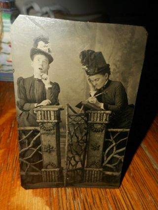 ANTIQUE TINTYPE PHOTO,  2 WOMEN,  COMICAL POSE,  1 MOUTH OPEN THINKING,  1 WRITING 3