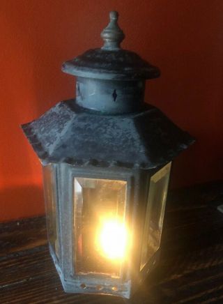 Vintage Black Over Copper Wall Mount Sconce Beveled 5 Panel Glass Lantern Light
