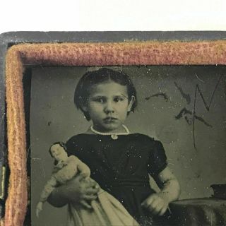 19th Century Miniature Tintype Of Young Girl With Rag Doll