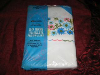 Vintage 1970s Pillowcases Flowers Power Daisies Pink Aqua Blue Yellow Retro Nos