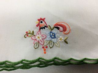8 Vintage Cocktail Napkins Embroidered Rooster 6.  25” Green Scalloped Edge