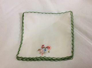 8 Vintage Cocktail Napkins Embroidered Rooster 6.  25” Green Scalloped Edge 2