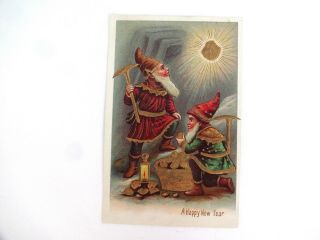 Vintage Happy Year Made Germany Postcard Dwarfs Elf Gnome Mining Gold