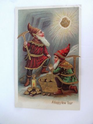 Vintage Happy Year Made Germany Postcard Dwarfs Elf Gnome Mining Gold 2