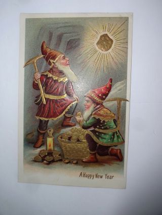 Vintage Happy Year Made Germany Postcard Dwarfs Elf Gnome Mining Gold 3