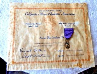 Vintage Certificate W/ Medal De Anza High School Richmond Ca Music Modesto 1960