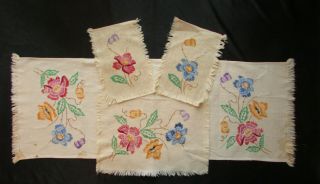 Vintage Set of 4 Matching Dresser Scarf / Table Runners Embroidered Flowers 2