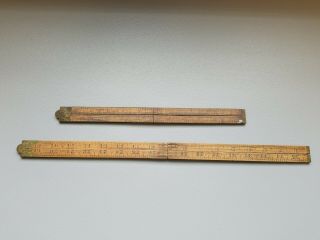 2 Vintage Stanley No 62 & 66 1/2 Wooden Folding Rule Rulers Brass Woodworking