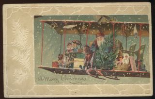 1911 Merry Christmas Pc,  Santa Claus In An Airplane With Tree And Toys
