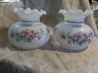 Two Vintage Hurricane Lamp Shades Hand Painted Flowers 6 And 3/4 "