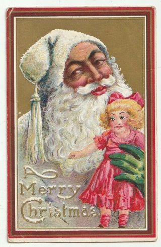 Santa Claus In White Robe W/ Green Gloves Holding Doll Christmas Postcard 1912