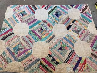 Vintage Hand Quilted Feedsack Fabric Steeplechase Variation Cutter Quilt Piece