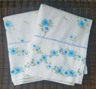 Vintage Cannon Monticello Twin Flat Sheets - Blue Floral - Set Of 2