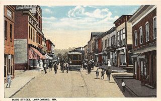 B43/ Lonaconing Maryland Md Postcard C1910 Main Street Stores Trolley People