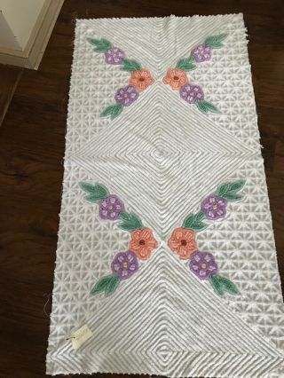 Large Piece White / Pastel Flowers Plush Vintage Chenille Bedspread