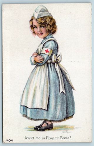 Postcard Ww1 Wwi Red Cross Nurse A/s W.  R.  Meet Me In France Boys T9
