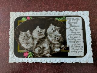 Cat Vintage Postcard.  Rppc.  4 Kittens.  Basket.  Birthday.  Dated 1944.  British.