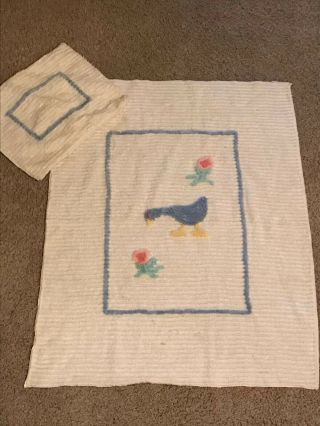 Vintage Chenille Baby Blanket Quilt 38 " X 29 " & Pillow Case Blue Goose