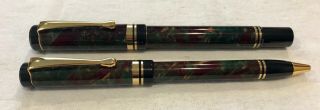 Burgundy & Green Marbled Fountain And Ballpoint Pen Set - Estate