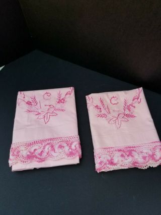Vintage Pink Embroidered Hand Crocheted Pillowcase Set