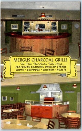 Canton,  Ohio Postcard Mergus Charcoal Grille Restaurant Hwy 30 Roadside Linen