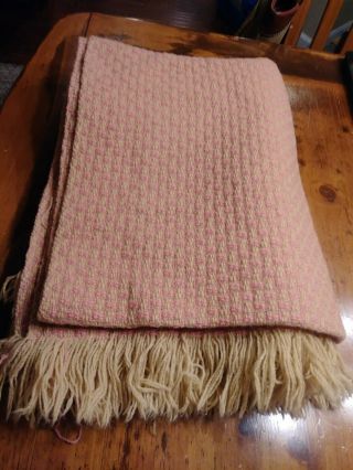 Vintage Pendleton Wool Blanket 56 " X 65 " Pink And Cream 100 Virgin Wool.  Fringe