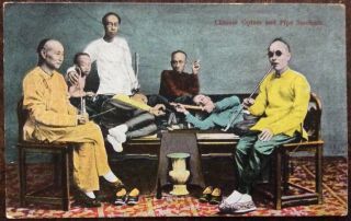 Antique Hong Kong Postcard View Of Chinese Opium And Pipe Smokers Chinese Bed