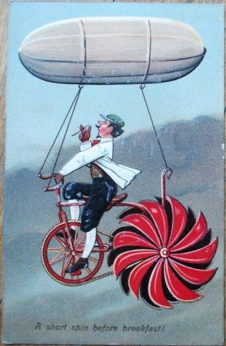 Bicycle Airship/fantasy Aviation 1912 Postcard,  Man Smoking - Color Litho