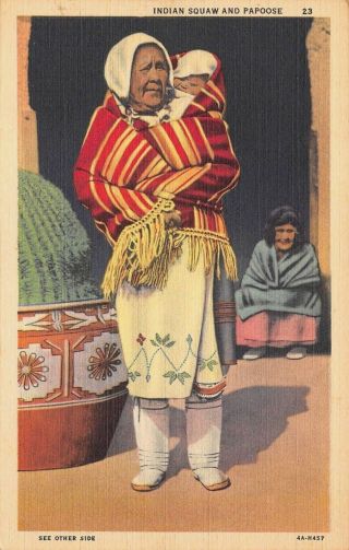 Vtg Postcard Native American Pueblo Indian Squaw & Baby Papoose Linen / A45