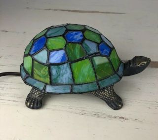 Stained Glass Turtle Shell Blue Green Plug In Lamp Night Light Metal Body