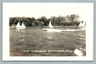 Lake Minnetonka Sailing & Shore Excelsior Minnesota Rppc Vintage Boat Photo 50s