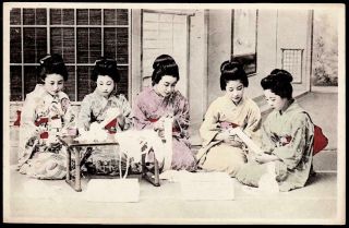 Japan C.  1904 - Five Young Women Rolling Bandages For Russo War - Studio Posed