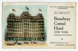 1911 Color Litho Pc Broadway Central Hotel York City