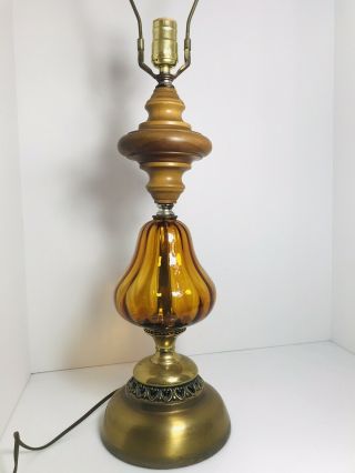 Vintage Brass & Amber Glass Mid Century Table Lamp 1970 