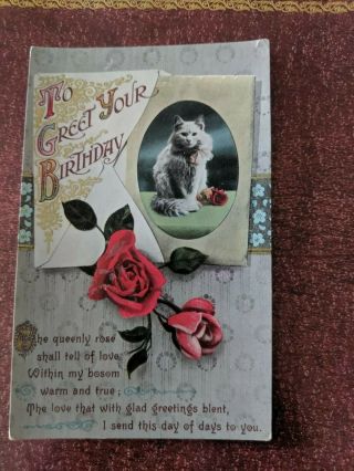Cat Vintage Postcard.  Birthday.  Gray Cat.  Red Roses.  British.  Not Mailed.