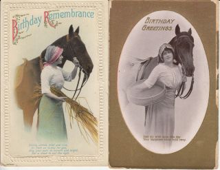 Birthday Rememberance Ladies & Horse Early Greetings Postcards X 2