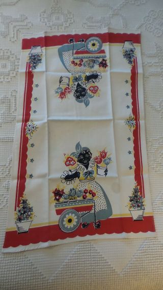 Vintage Cotton Kitchen Towel Black Americana Mammy Flower Seller,  Red Border