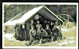 Logging Scene,  Loggers Outside Camp Kitchen Mess Hall,  1910 Era Rppc Postcard