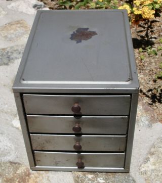 Vintage Small 4 Drawer Metal Cabinet,  6 1/8” Tall - Small Parts,  Machinist Case