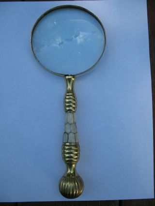 Magnifying Glass Mother Of Pearl Shell Vintage Gold Tone Handle Heavy Large 10 "