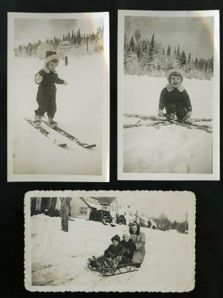 Vintage Photos Little Girl Learns To Snow Ski | Family On Sled Winter Fun 1940 