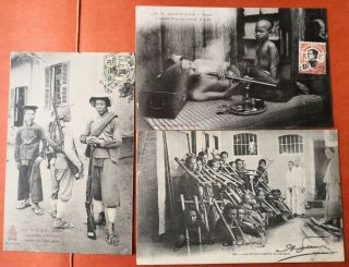 1906 Indochina France Stamp 吸食鴉片 23人枷刑 帶槍士兵照片明信片 3 Photo Postcards China Chinese