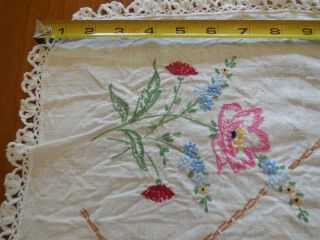 Vintage Linen ROSES crocheted edge embroidered floral runner dresser scarf 4